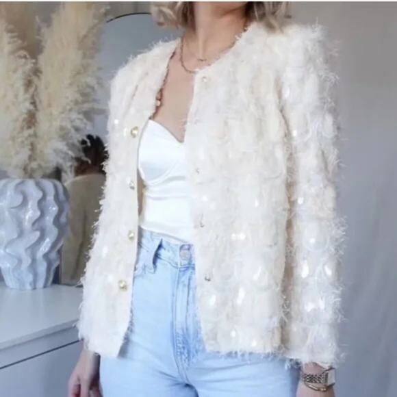 Zara SEQUIN JACKET cream bloggers favorite - size small - Picture 7 of 10